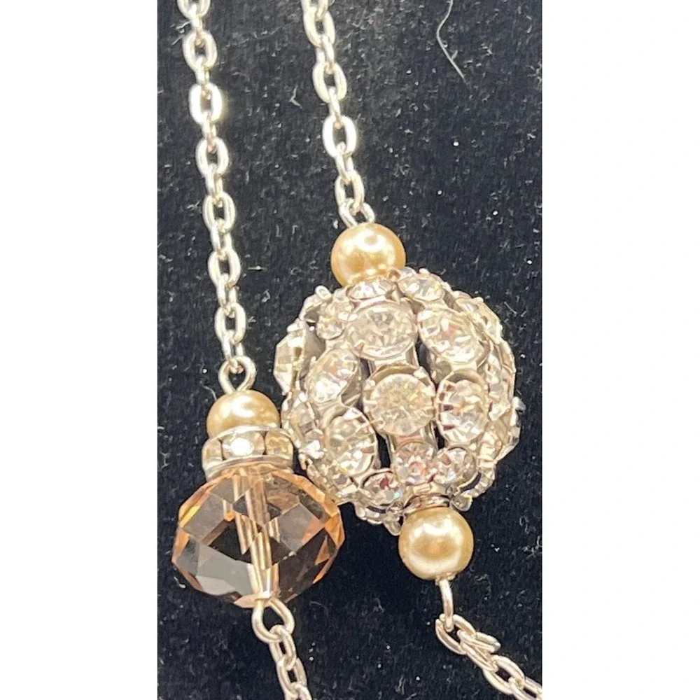 Glamorous‎ Long Champagne Crystal & Faux Pearl Station Necklace Silver Tone 40
